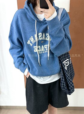字母印花抽绳连帽卫衣女欧货上衣