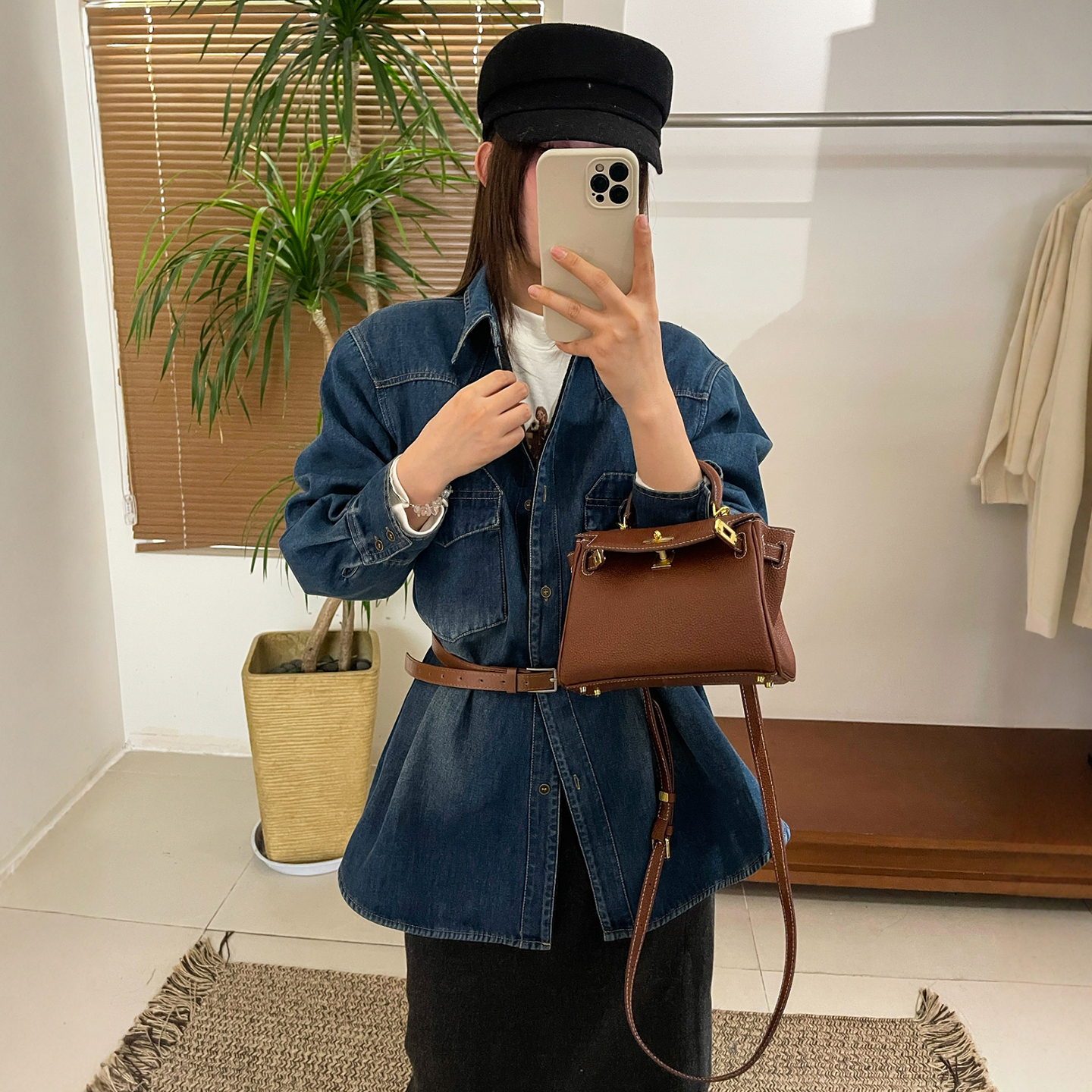 复古翻领收腰牛仔衬衫女欧洲站潮