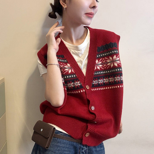 费尔岛提花V领羊毛针织马甲背心