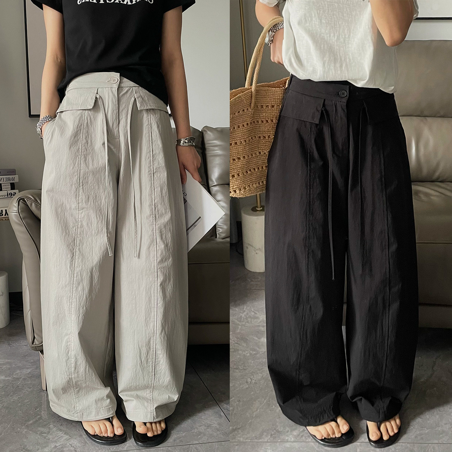抽绳系带工装拖地阔腿裤女欧洲站2026春装新款欧货女装休闲裤子潮