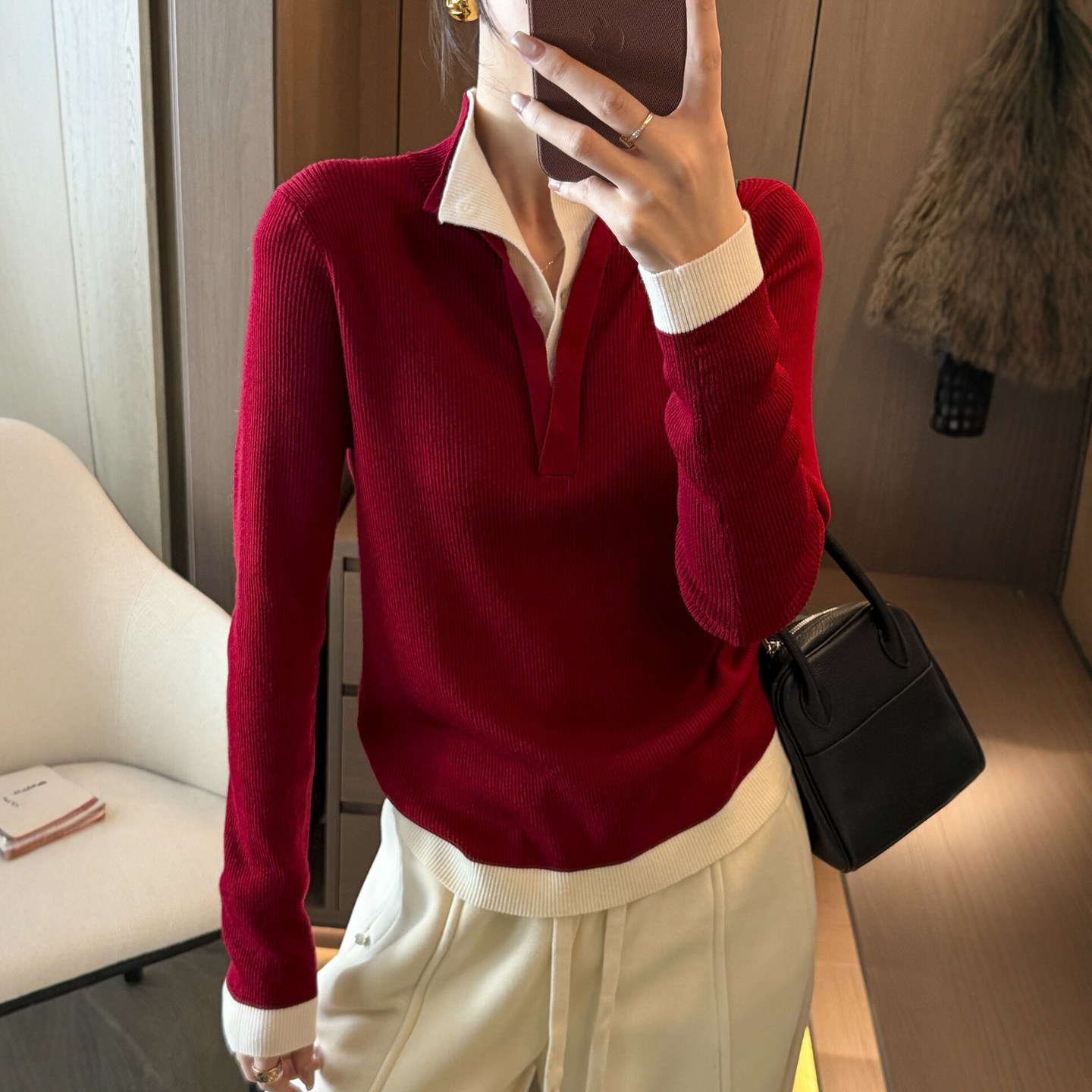 假两件V领羊毛针织衫女欧洲站2025冬装新款欧货女装时尚打底衫潮