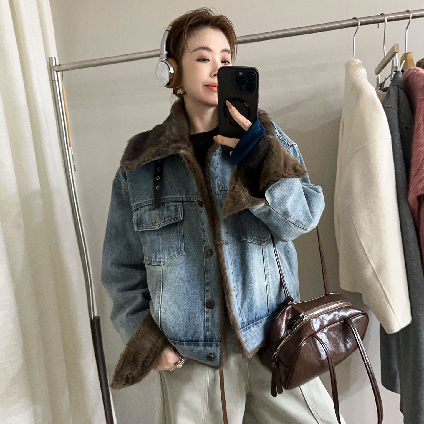 羊羔毛翻领工装牛仔外套女欧洲站