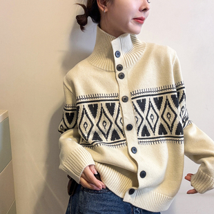 欧货女装 新款 毛衣短外套潮 女欧洲站2025冬装 复古提花羊毛针织开衫