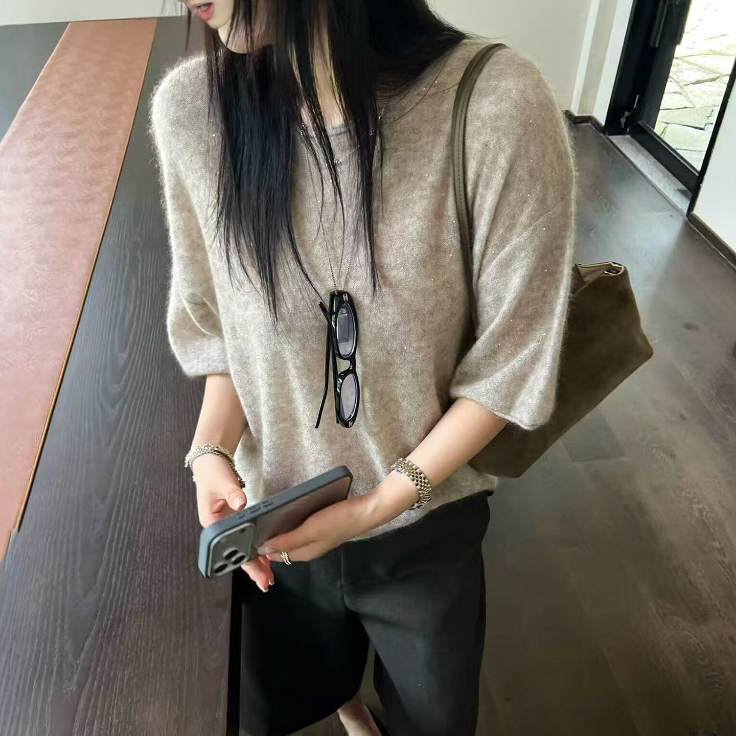 重工亮钻中袖羊毛针织衫女欧洲站