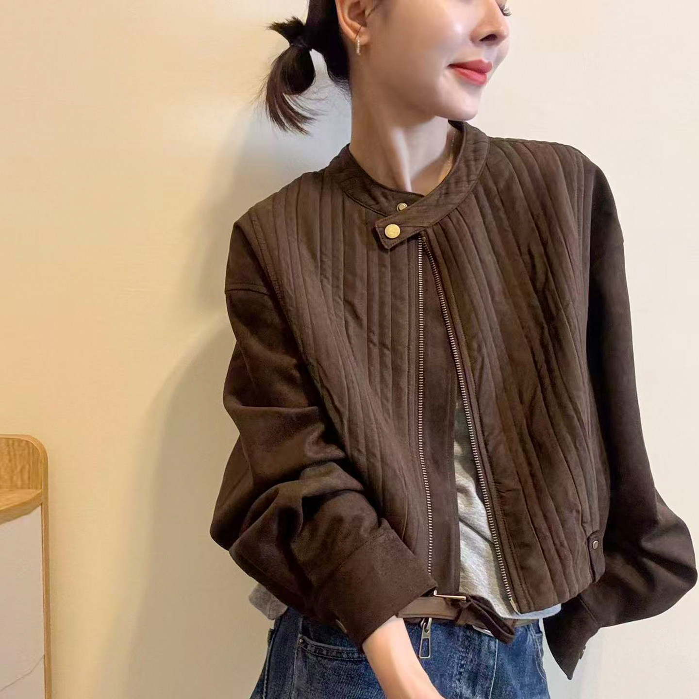 复古立领竖格纹短外套女欧货上衣