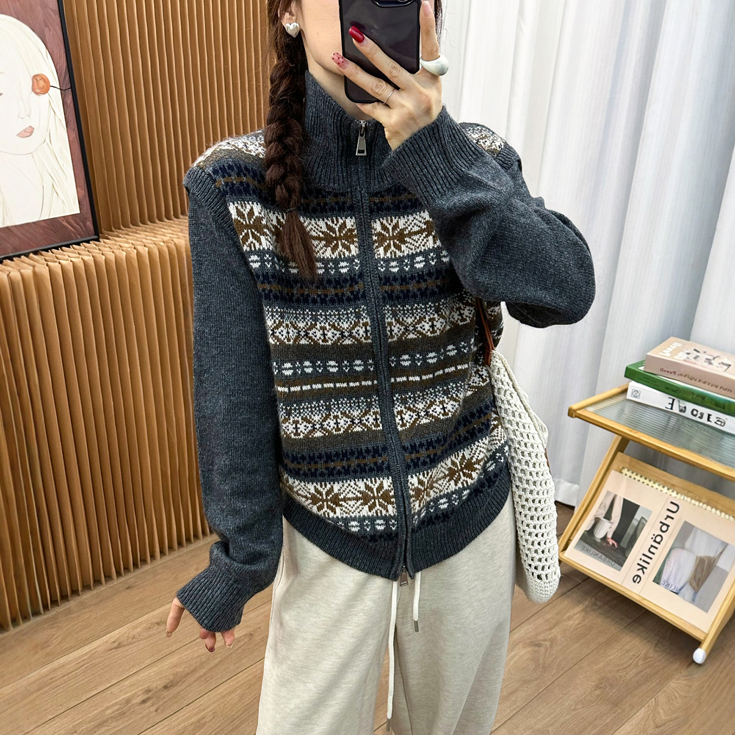 提花高领羊绒针织开衫女欧洲站潮