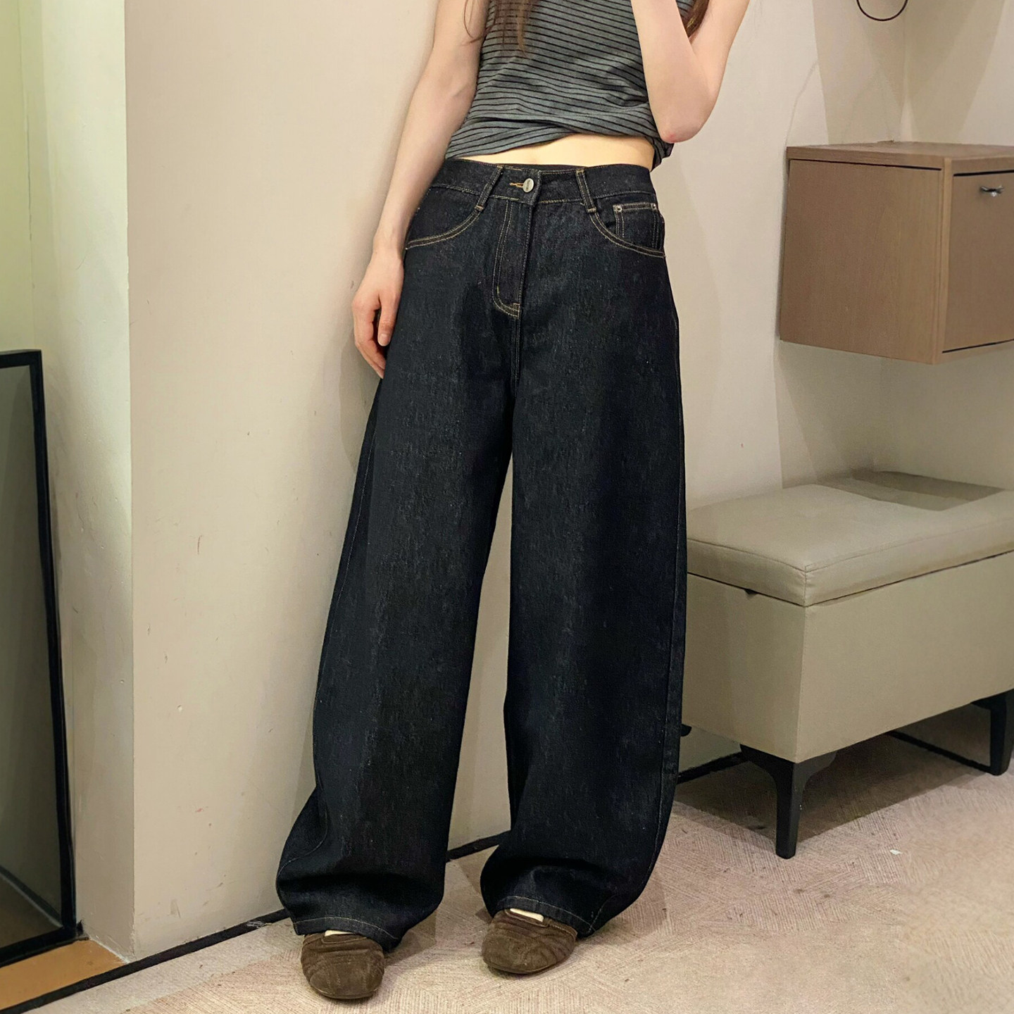 深蓝色拖地阔腿牛仔裤女欧洲站潮