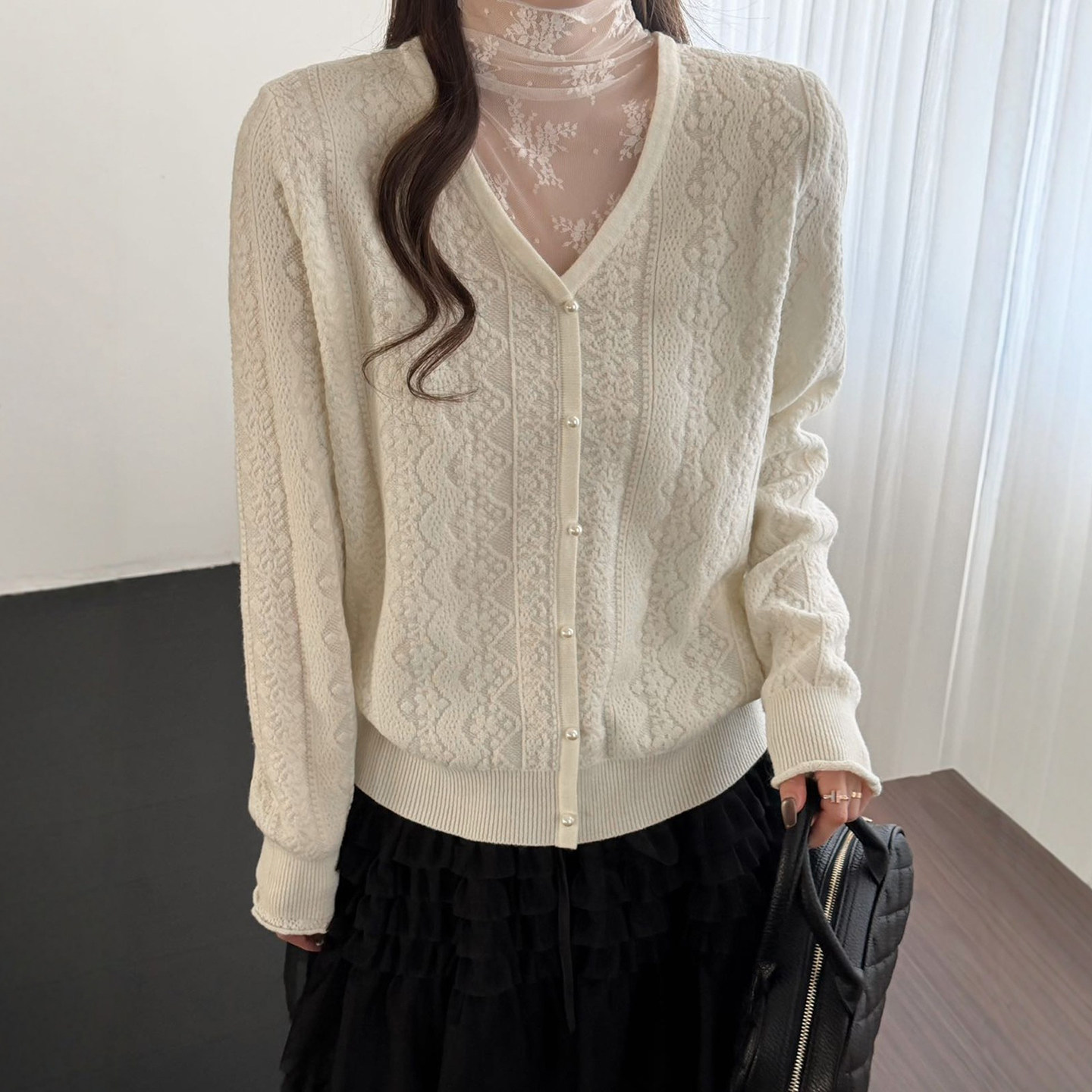 网纱蕾丝高领羊毛针织开衫女欧洲站2025冬装新款欧货女装短外套潮,女装/女士精品,毛针织衫,淘宝优惠券,粉丝福利购,淘宝优惠卷