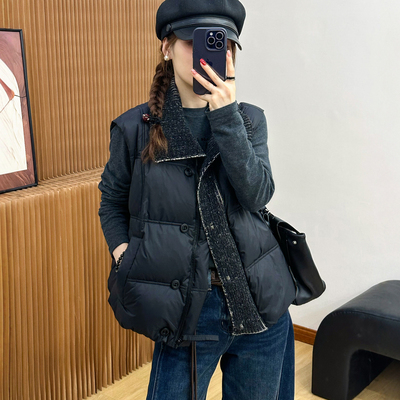 针织翻领白鸭绒羽绒服马甲女欧货