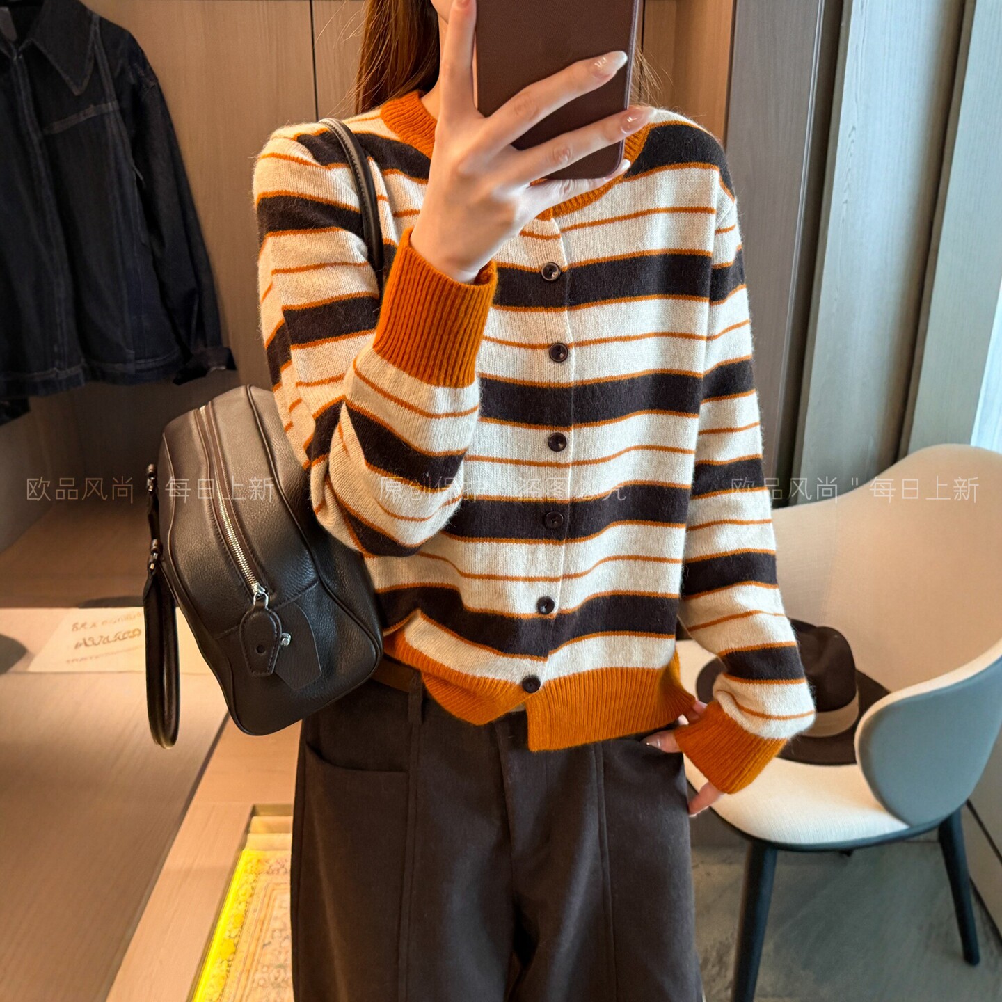 撞色条纹绵羊毛针织开衫女欧洲站