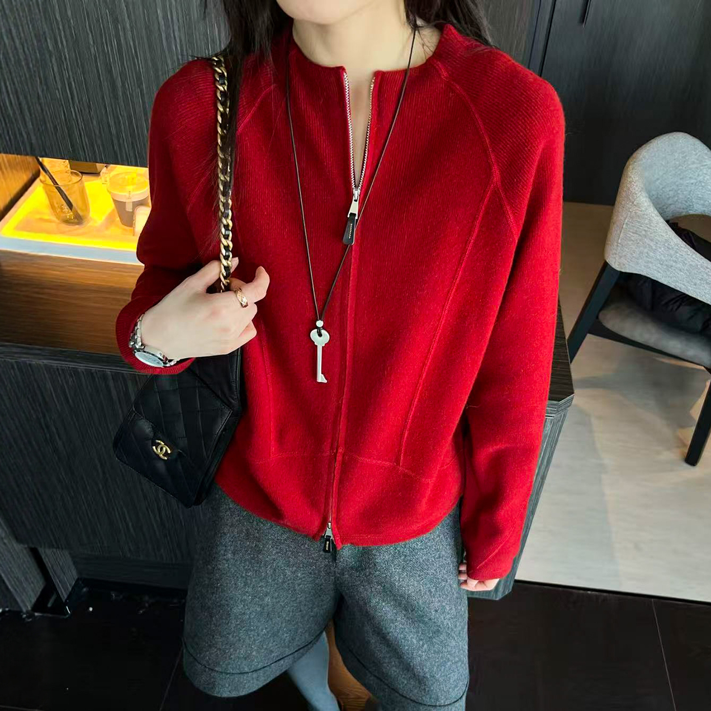 双拉链细羊毛针织开衫女欧货外套