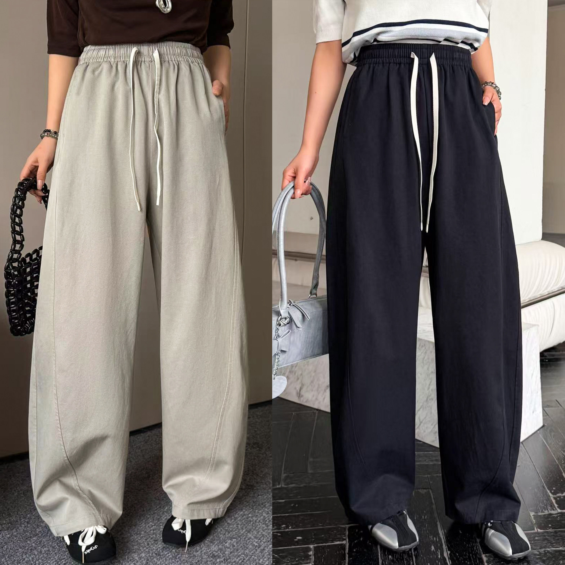 抽绳系带拖地阔腿裤女欧洲站2026春装新款欧货女装直筒休闲裤子潮