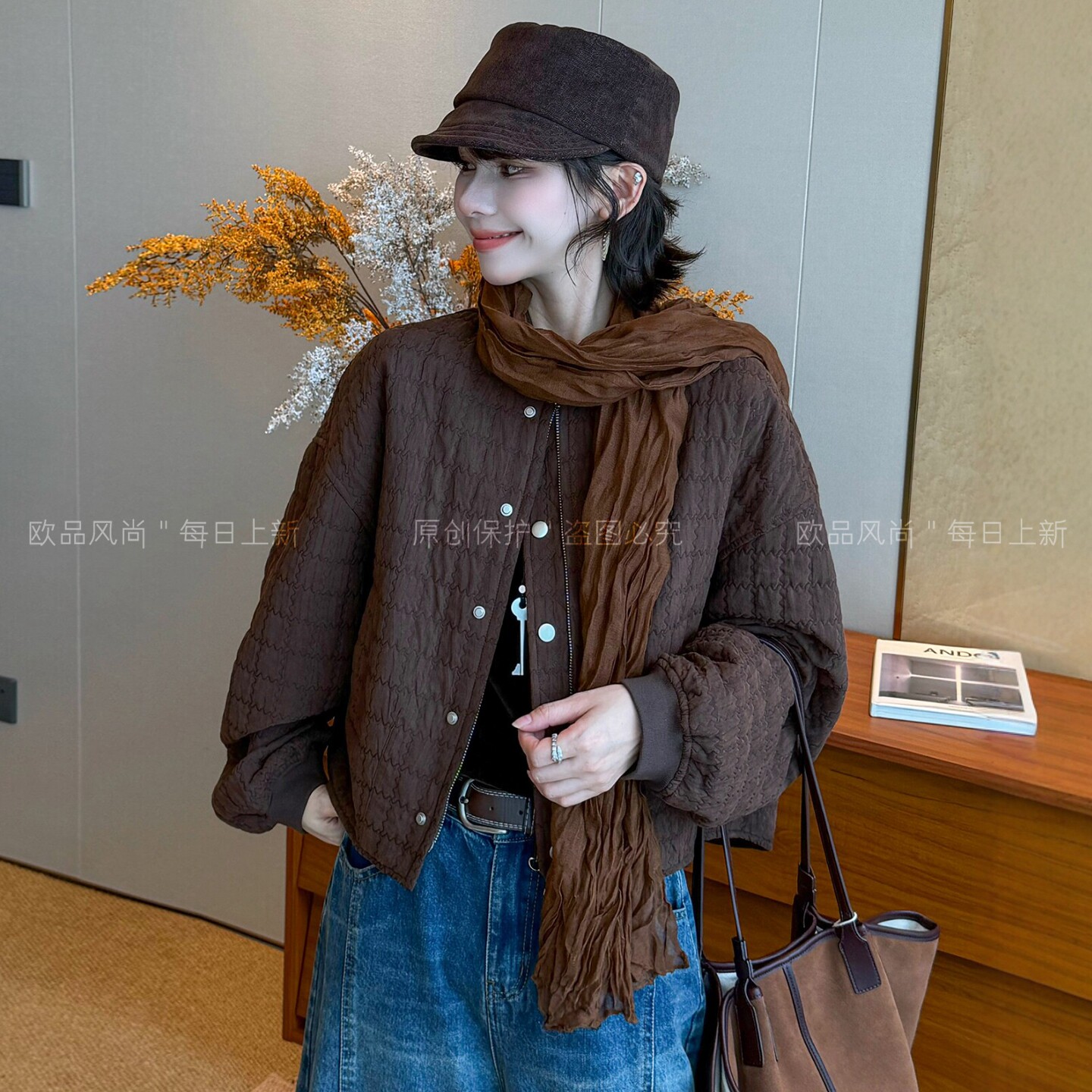 复古压格立领棒球服外套女欧洲站
