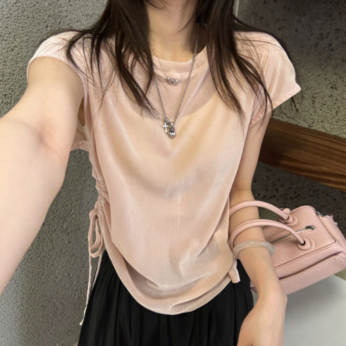 侧边抽绳飞飞袖丝绒T恤女欧洲站