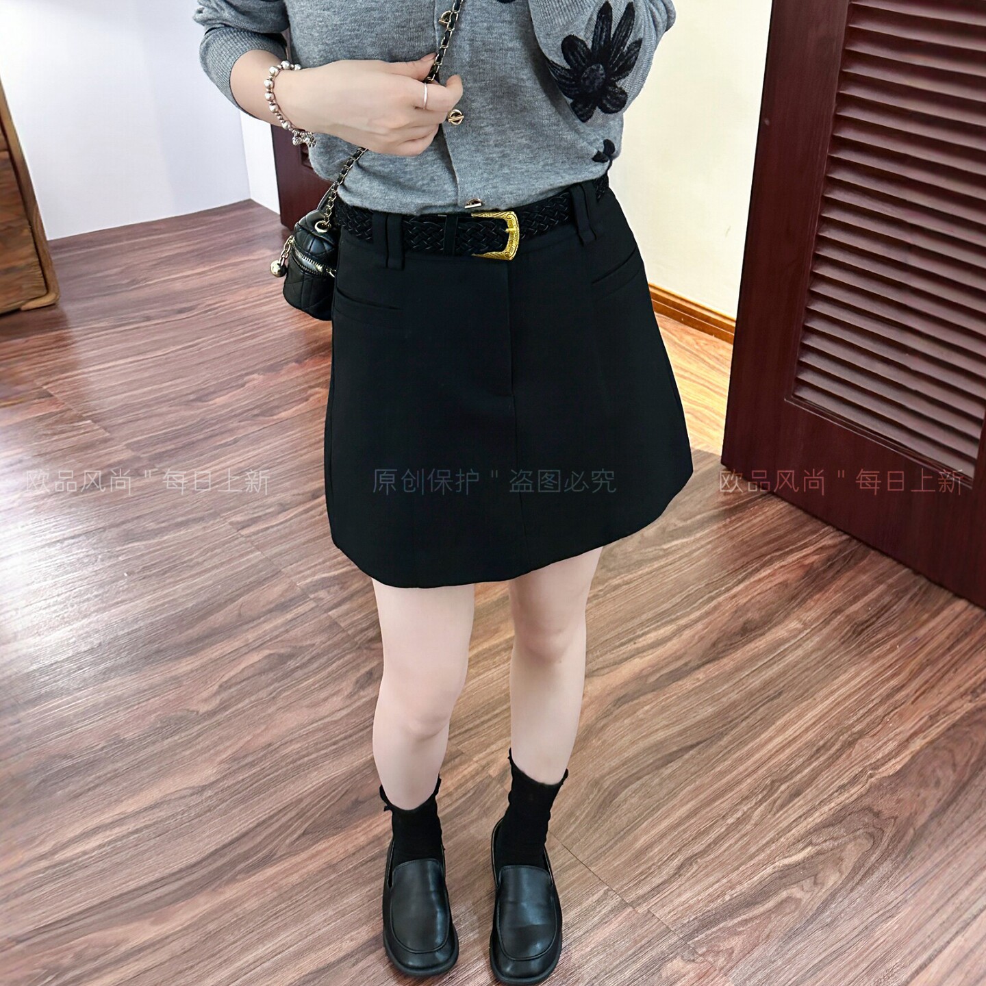 编织腰带A字西装半身裙女欧洲站