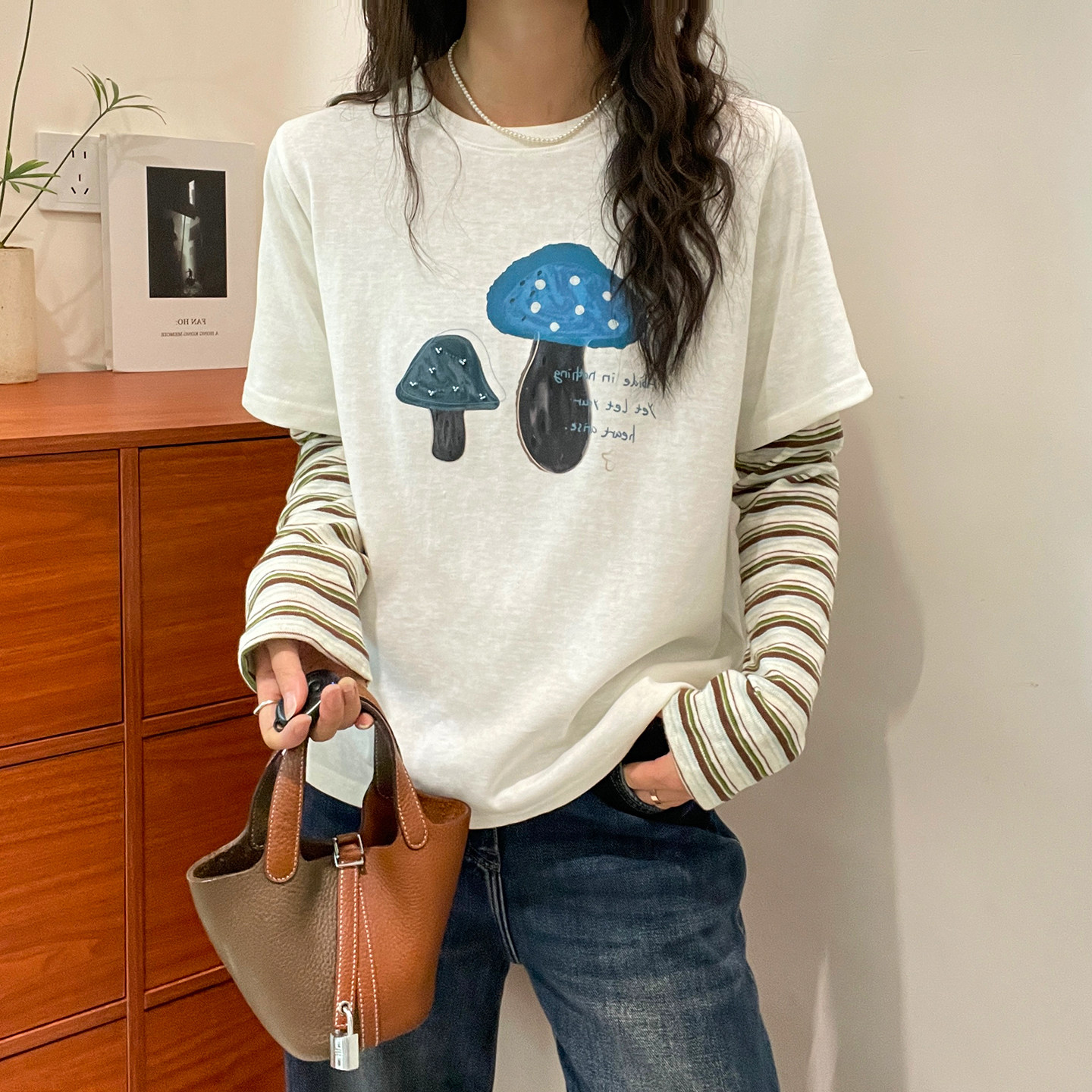 假两件拼接印花长袖T恤女欧洲站
