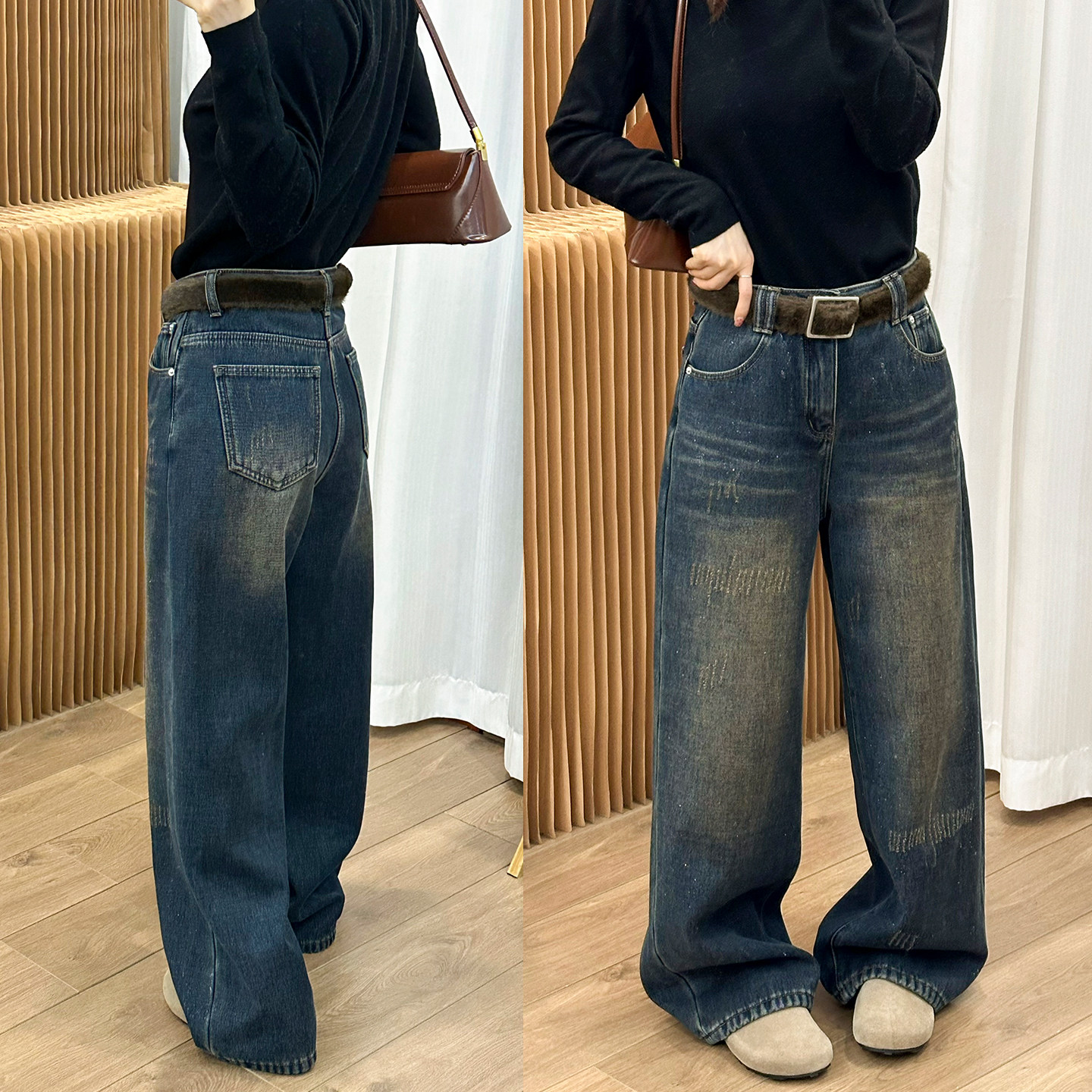 复古磨破加绒阔腿牛仔裤女欧洲站