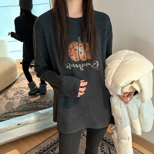 南瓜刺绣磨毛加绒T恤女欧洲站2025冬装新款欧货女装时尚打底衫潮