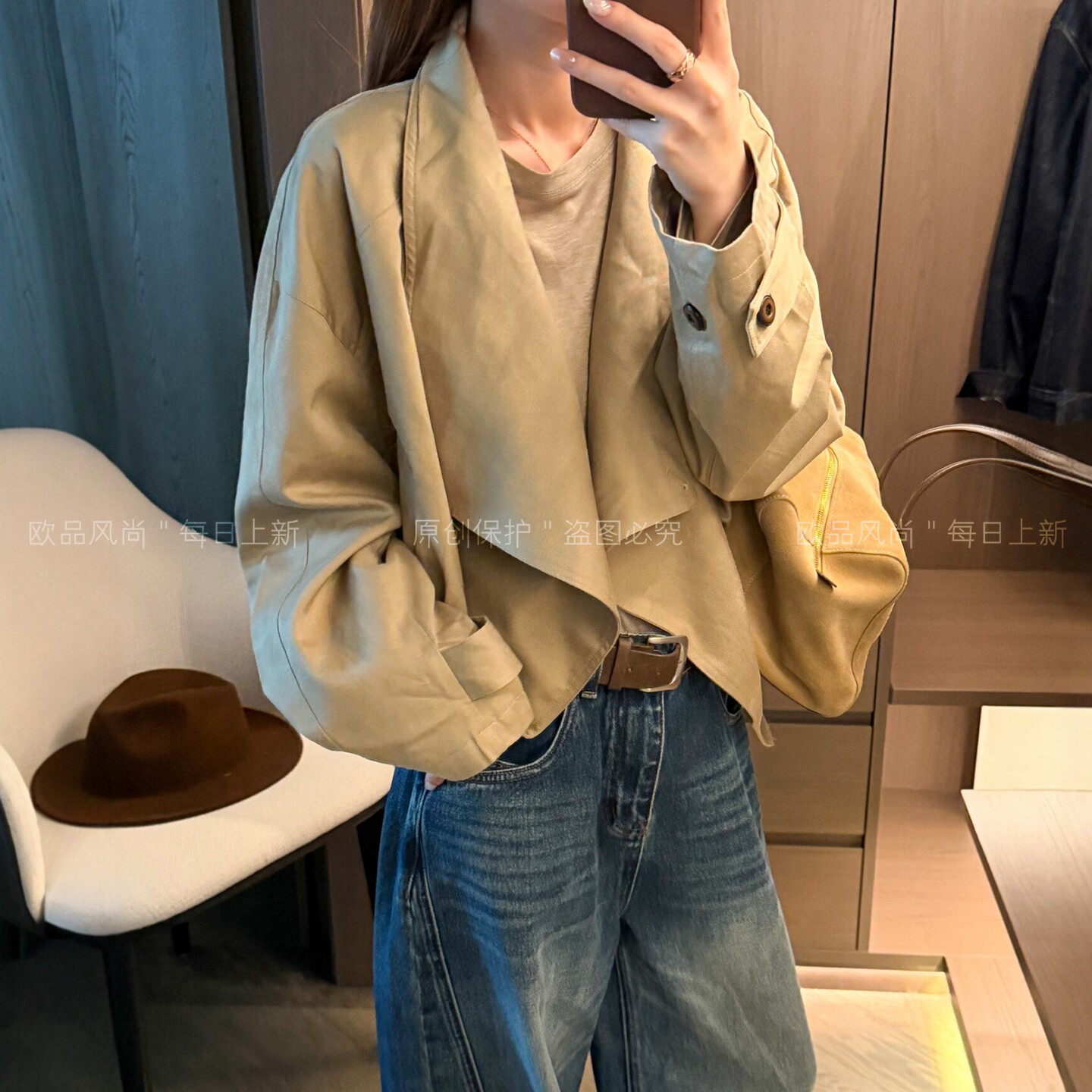 不规则翻领短款风衣外套女欧洲站