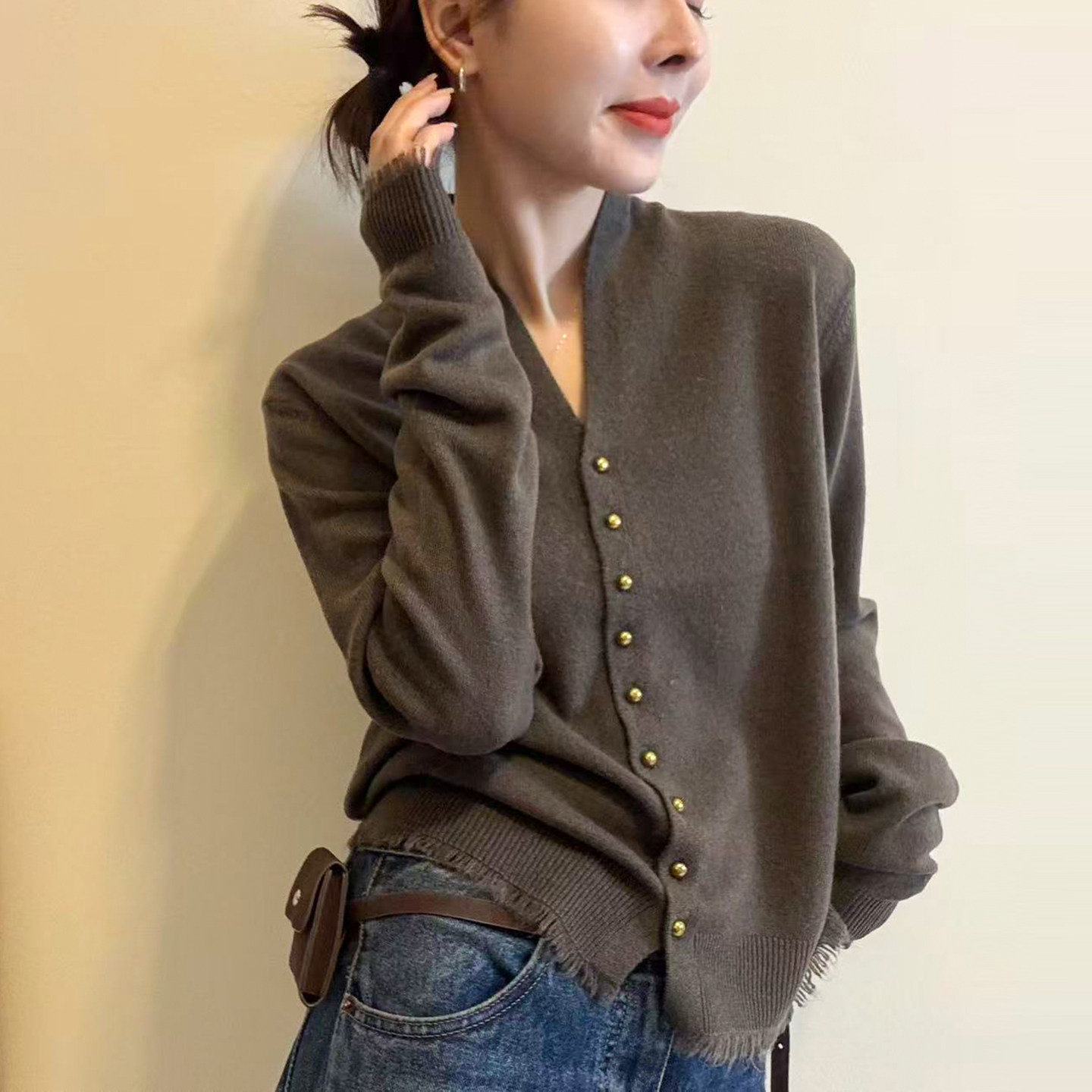 小香风金扣流苏羊毛针织衫女欧货