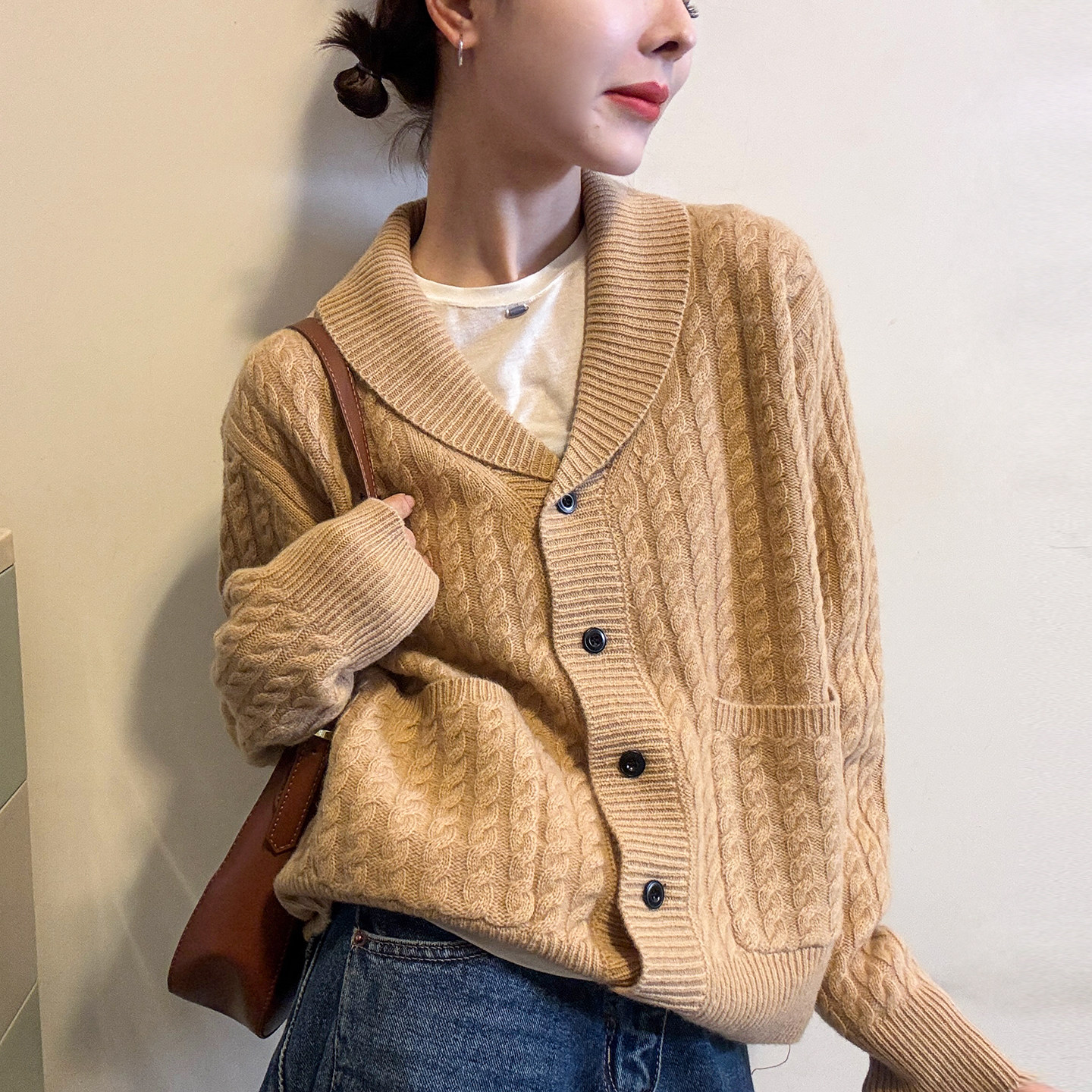 100全羊毛麻花针织开衫女欧洲站