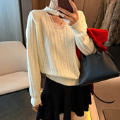 女欧洲站2025冬装 新款 欧货女装 蕾丝钩花挂脖羊毛针织衫 打底小衫 潮