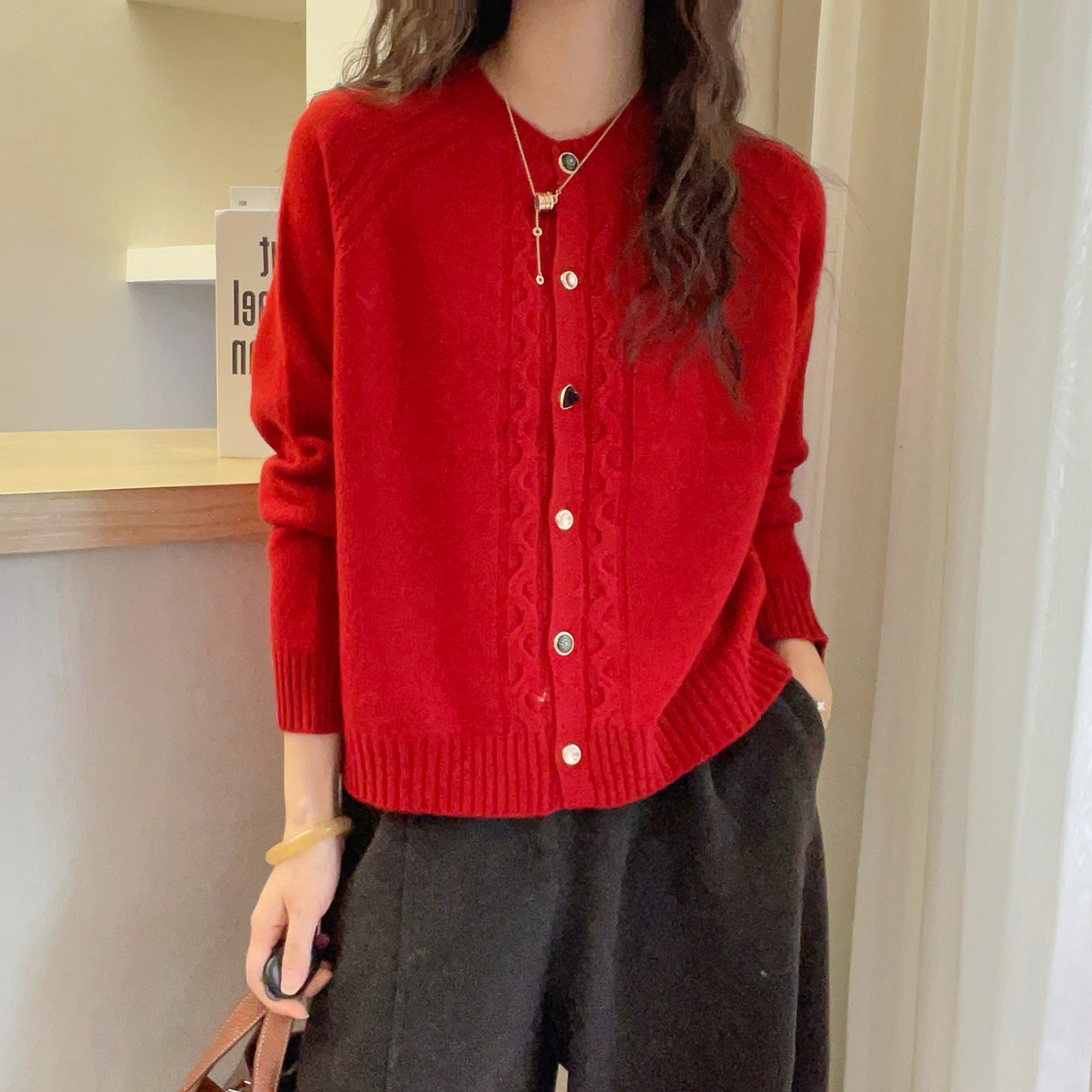 麻花纹山羊绒针织开衫女欧货上衣