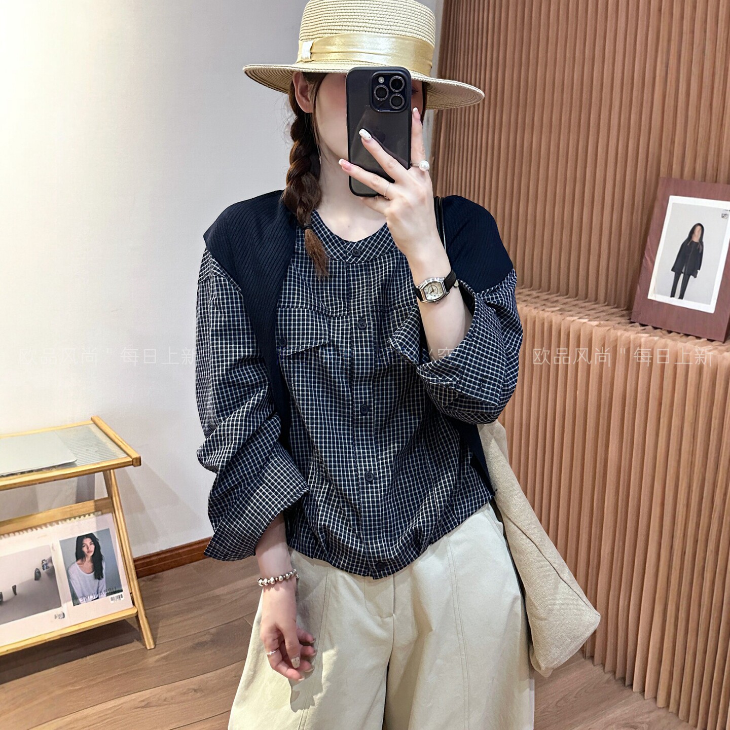 配披肩圆领格子衬衫女欧洲站上衣