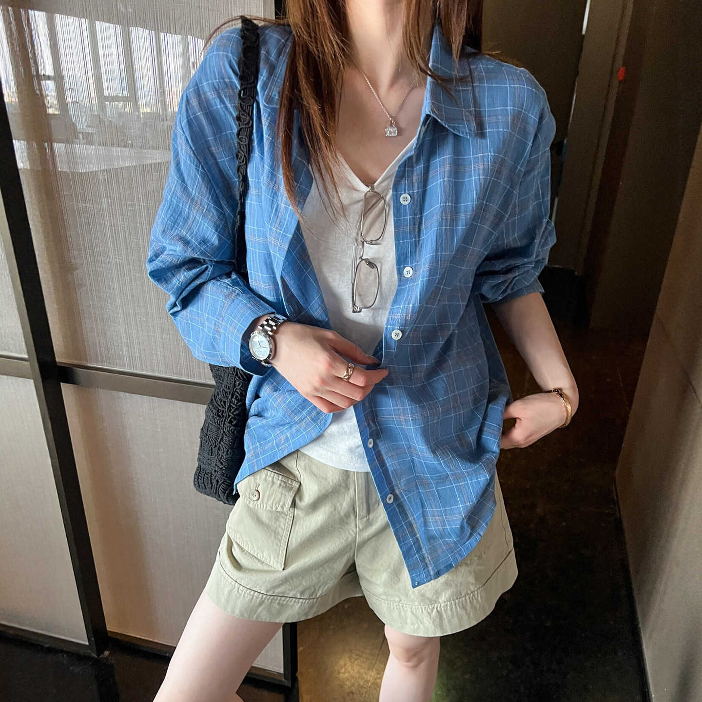 撞色格子衬衫两件套上衣女欧洲站
