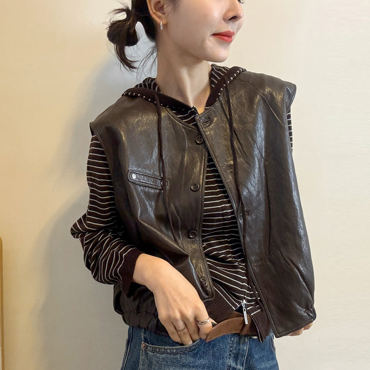 复古蛋白皮PU皮衣马甲外套女欧货