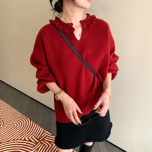 女欧洲站2025冬装 打底衫 新款 时尚 潮 欧货女装 木耳边V领羊毛针织衫