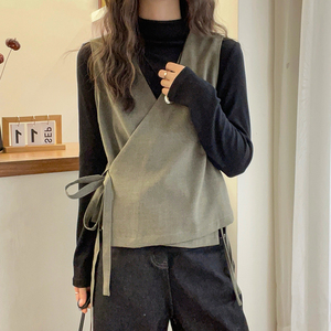侧边打结马甲高领T恤两件套上衣女欧洲站2024早秋新款欧货女装潮