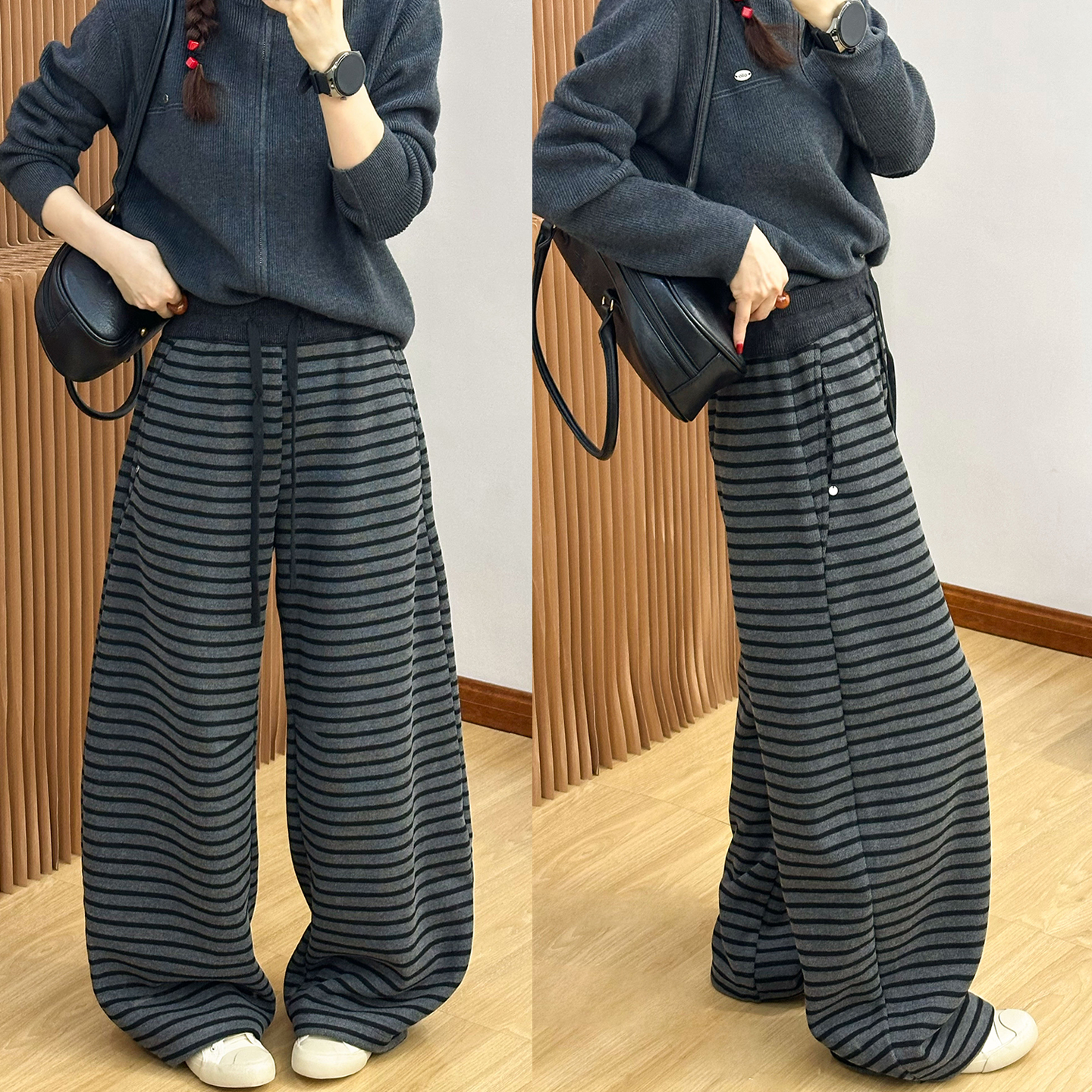 复合绒加厚条纹弯刀阔腿裤女欧货