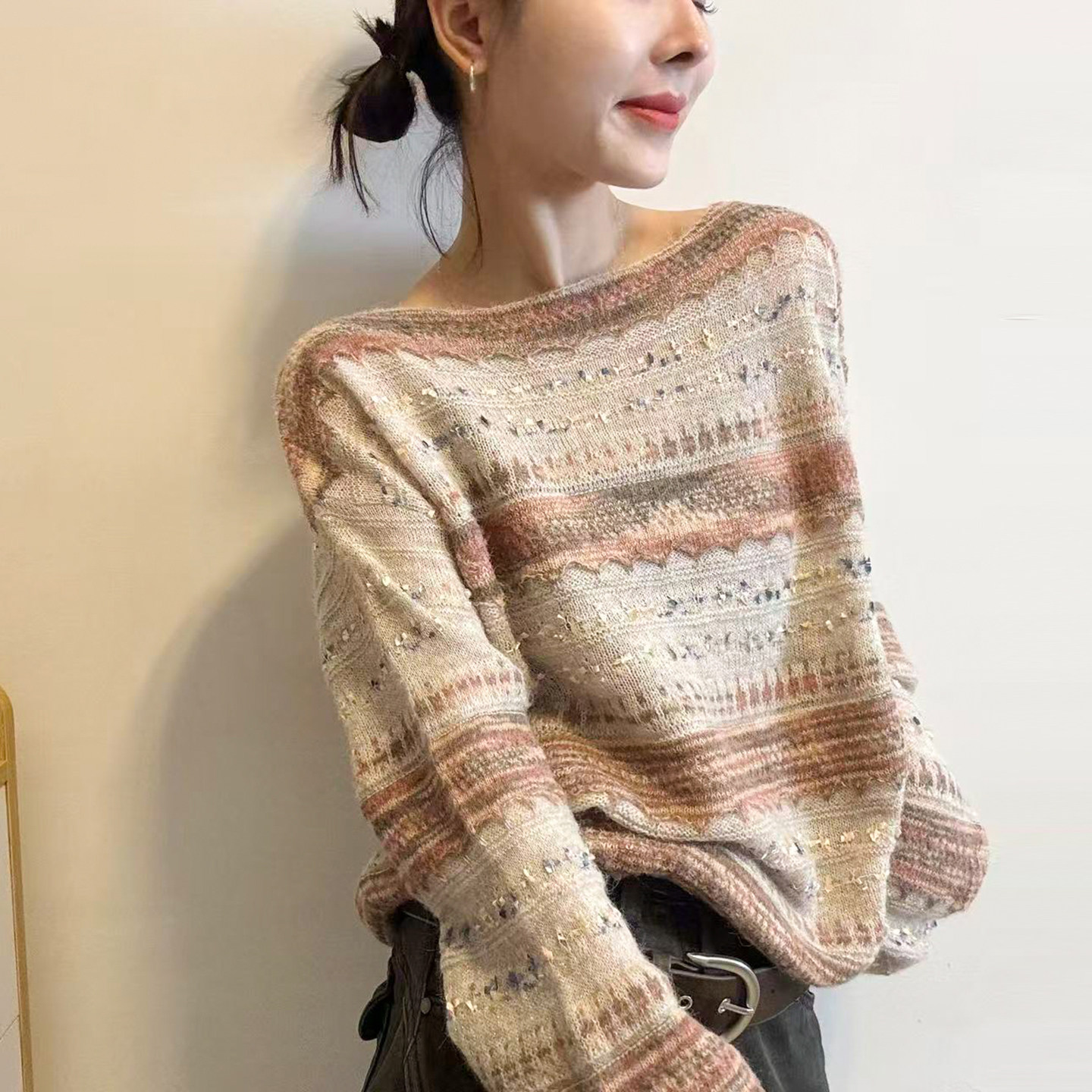 撞色条纹钩花羊毛针织衫女欧洲站
