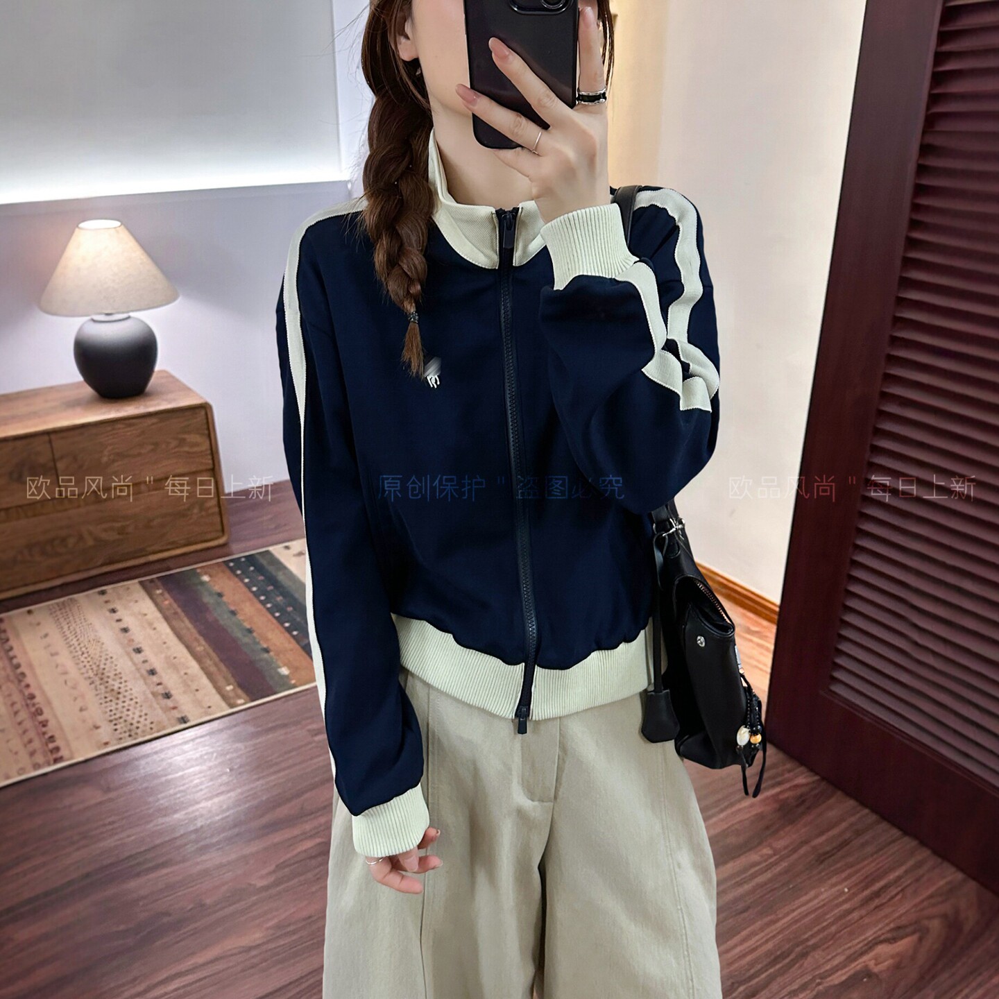 撞色条纹刺绣卫衣开衫外套女欧货