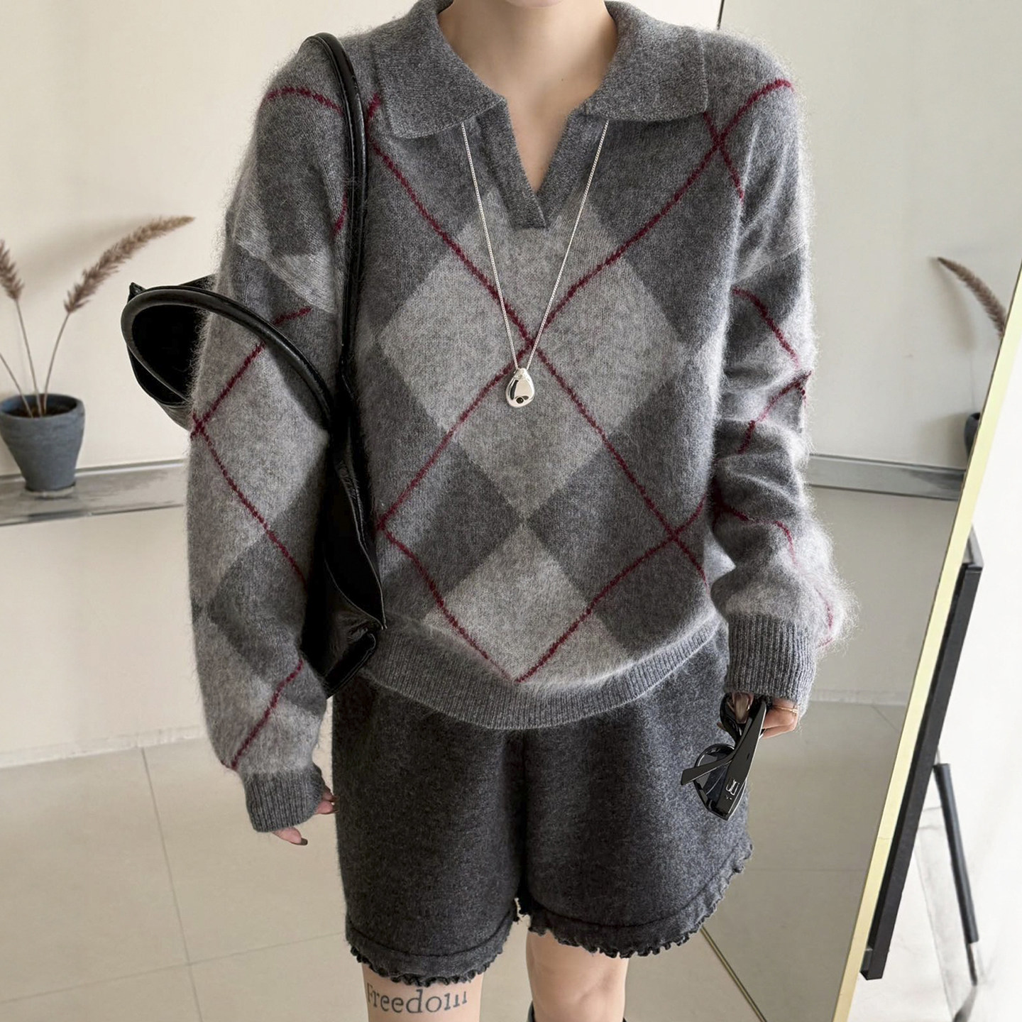 POLO领菱形格拉毛羊绒针织衫欧货