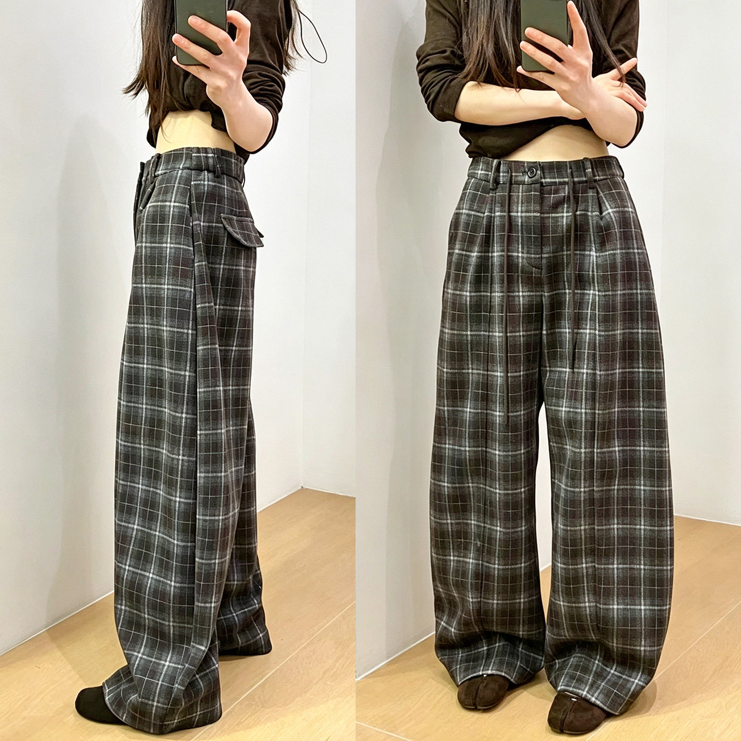 羊毛呢拖地加绒格子阔腿裤女欧货