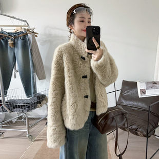 潮 欧货女装 牛角扣羊羔毛皮毛一体皮草短外套女欧洲站2025冬装 新款