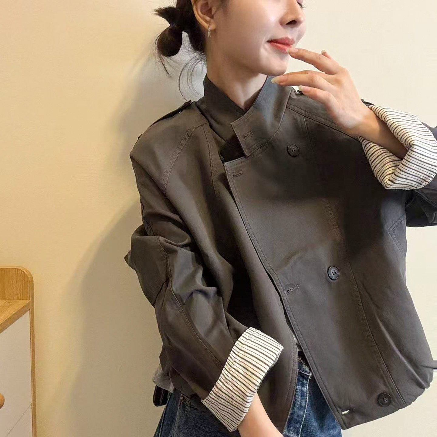 复古立领条纹翻边风衣外套女欧货