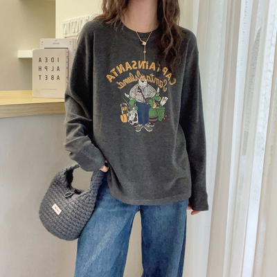 复古印花磨毛德绒T恤女欧货打底