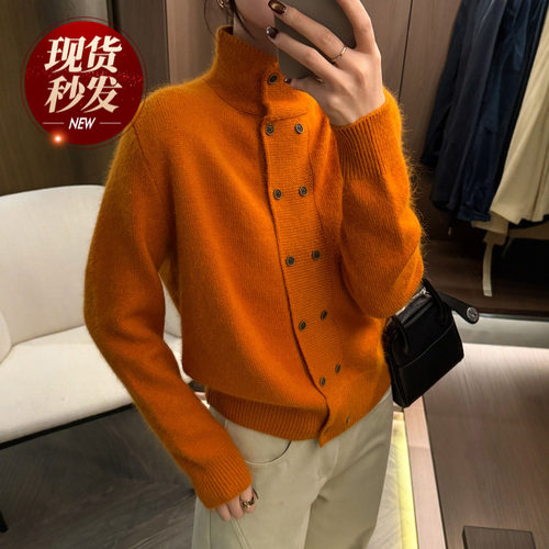 双排扣高领羊绒针织开衫女欧洲站