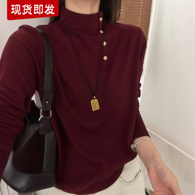 复古金扣高领打底衫女欧洲站T恤