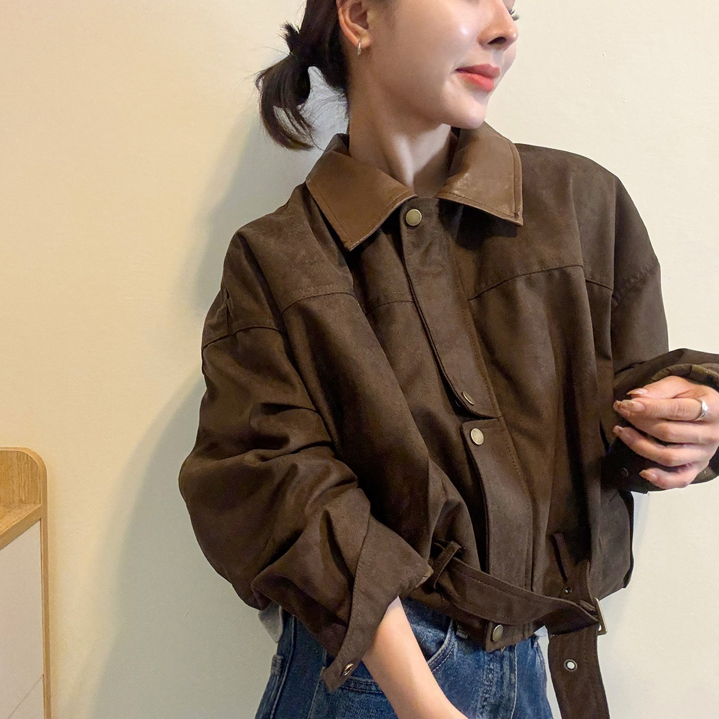 麂皮绒拼皮翻领加棉外套女欧洲站