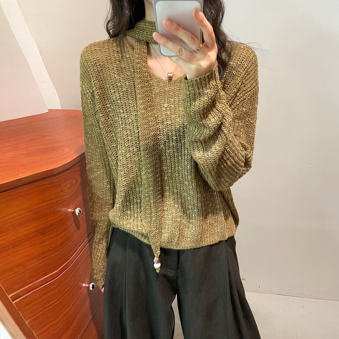 复古飘带V领亚麻针织衫女欧洲站