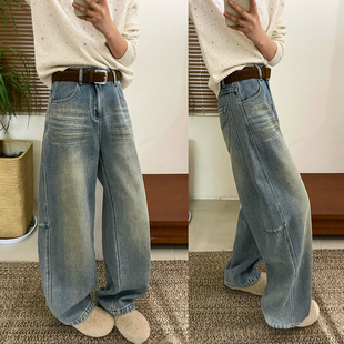 直筒裤 拖地做旧加绒阔腿牛仔裤 欧货女装 新款 子潮 女欧洲站2025冬装