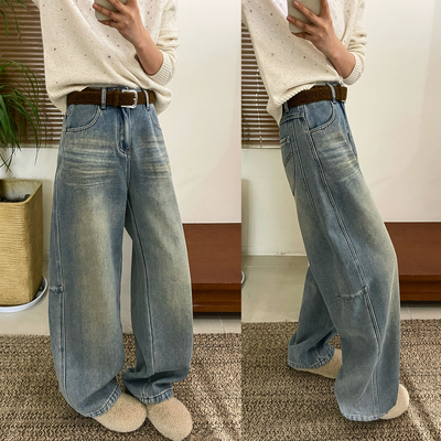 拖地做旧加绒阔腿牛仔裤女欧洲站
