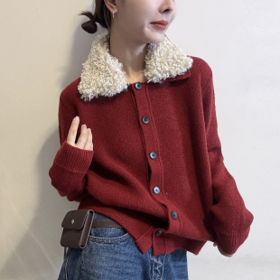 欧货女装 新款 毛衣短外套潮 女欧洲站2025冬装 羊羔毛领羊毛针织开衫