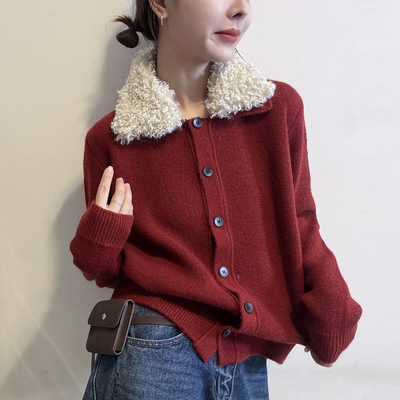 羊羔毛领羊毛针织开衫女欧货上衣