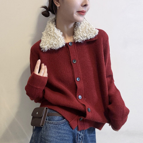 羊羔毛领羊毛针织开衫女欧货上衣