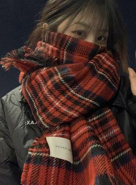 Vva Kataki红色格子围巾女冬季2024新款高级感仿羊绒加厚披肩学生